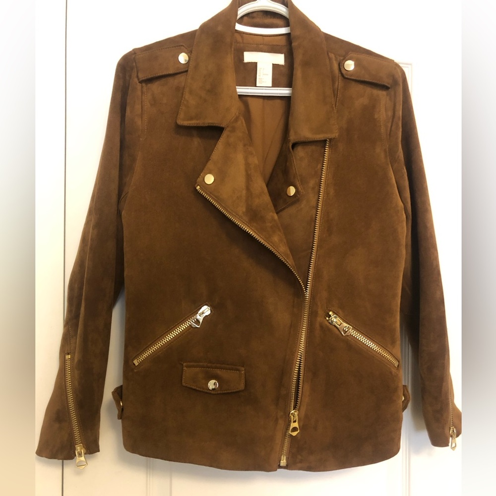H&M Suede Bomber Jacket in Brown with Gold Hardware